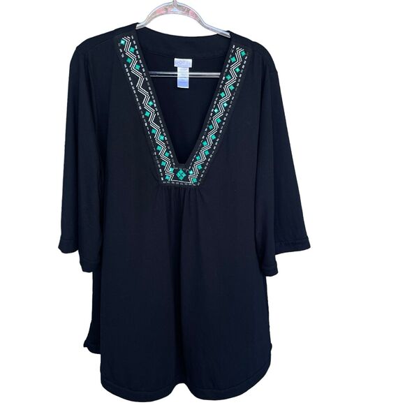 Dotti Blouse Womens Plus Size 1X Black Beaded Deep V 3/4 Sleeve Aztec Boho Tunic - Picture 1 of 10